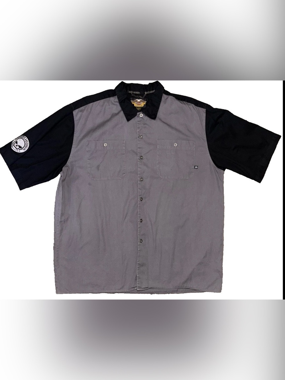 Harley Davidson Skull Work Shirt Mens Gray Black Button Up Mechanic Biker XXL T